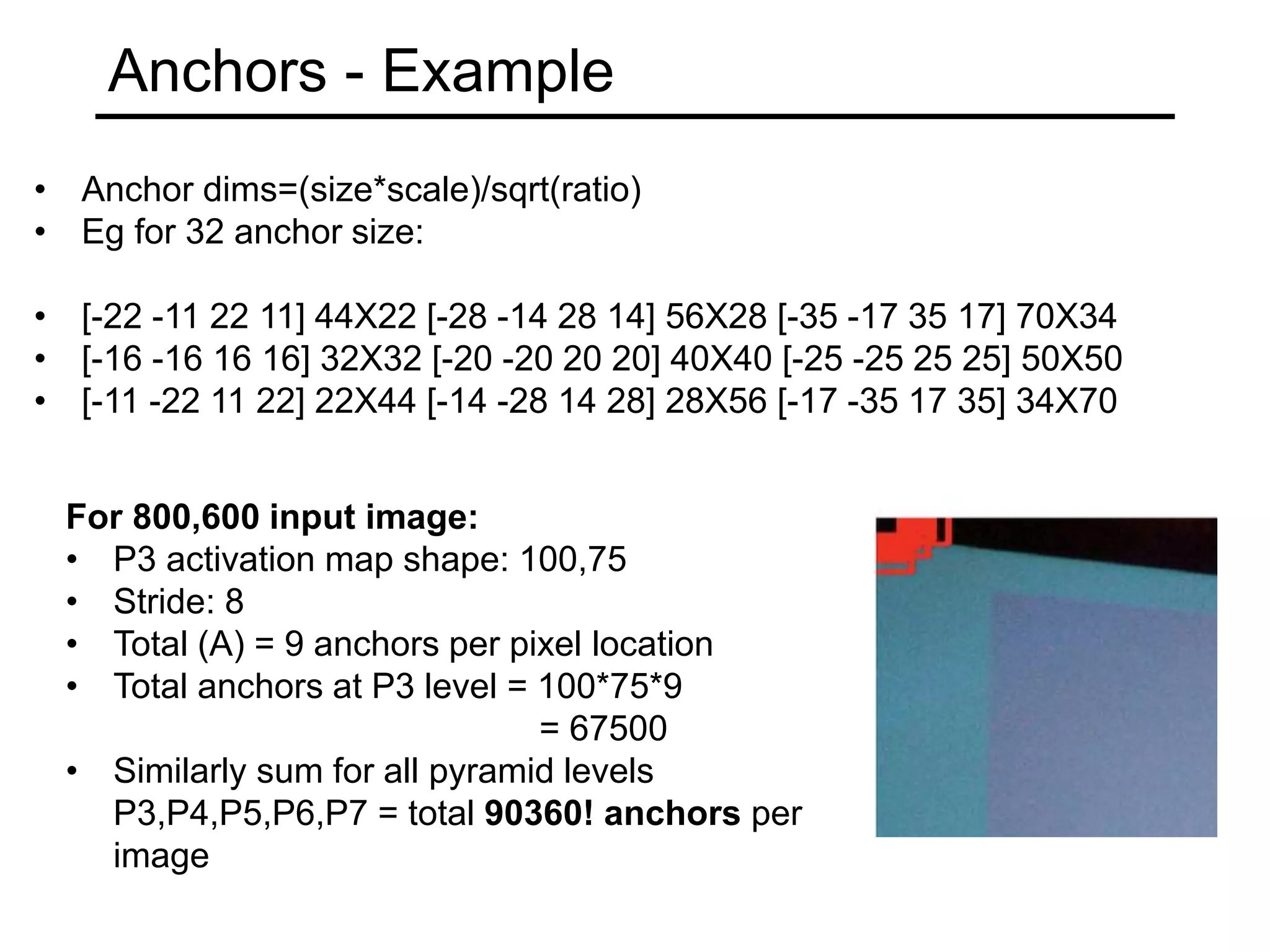 Anchors - Example
• Anchor dims=(size*scale)/sqrt(ratio)
• Eg for 32 anchor size:
• [-22 -11 22 11] 44X22 [-28 -14 28 14] 56X28 [-35 -17 35 17] 70X34
• [-16 -16 16 16] 32X32 [-20 -20 20 20] 40X40 [-25 -25 25 25] 50X50
• [-11 -22 11 22] 22X44 [-14 -28 14 28] 28X56 [-17 -35 17 35] 34X70
For 800,600 input image:
• P3 activation map shape: 100,75
• Stride: 8
• Total (A) = 9 anchors per pixel location
• Total anchors at P3 level = 100*75*9
= 67500
• Similarly sum for all pyramid levels
P3,P4,P5,P6,P7 = total 90360! anchors per
image
 