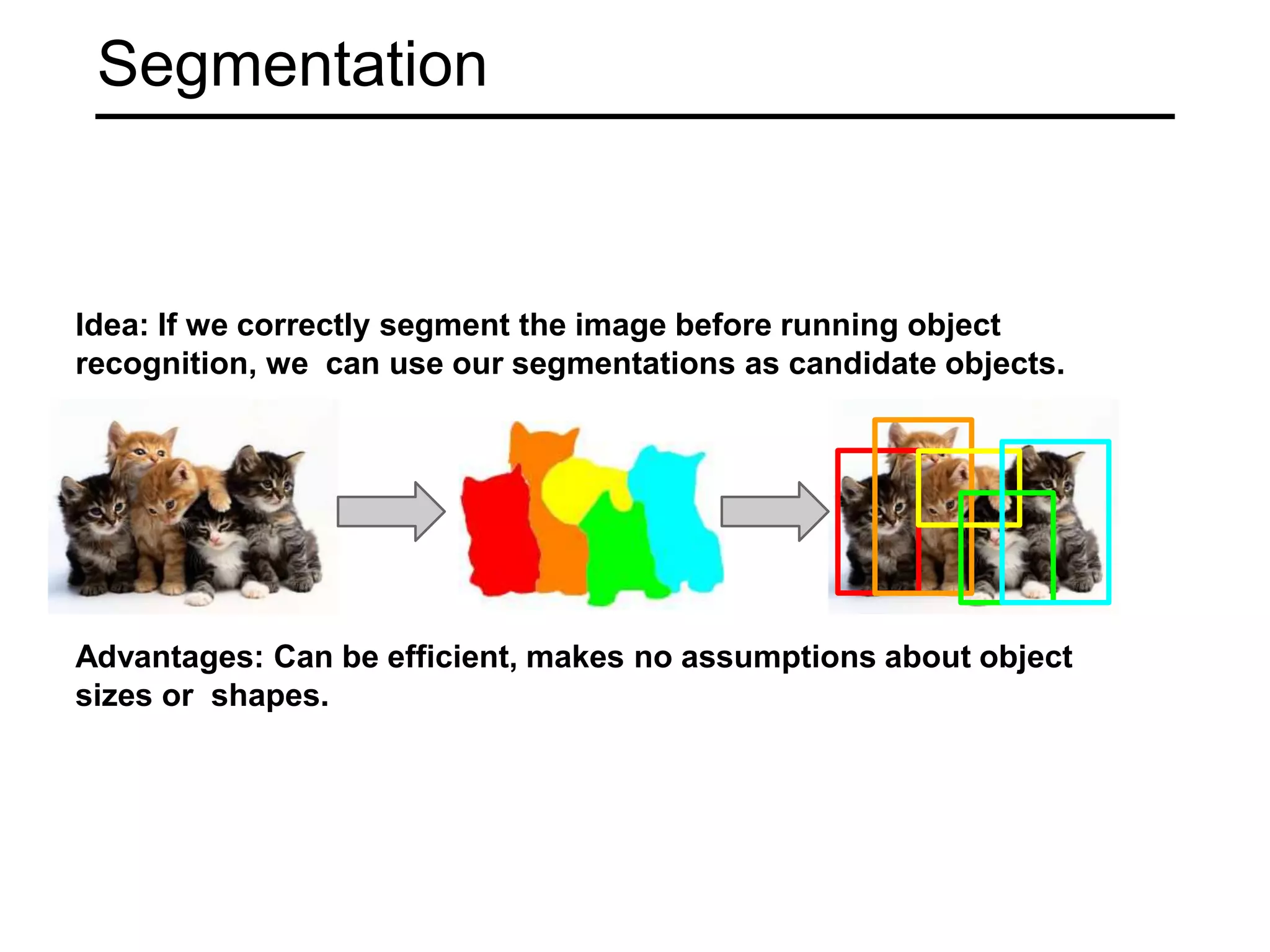 Segmentation
Idea: If we correctly segment the image before running object
recognition, we can use our segmentations as candidate objects.
Advantages: Can be efficient, makes no assumptions about object
sizes or shapes.
 