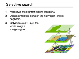 Selective search
1. Merge two most similar regions basedonS.
2. Update similarities between the newregion and its
neighbors.
3. Gobackto step 1.until the
whole imageis
asingle region.
 
