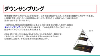 ダウンサンプリング
物体は様々なサイズにすることができます。 この問題を解決するため、元の画像を複数サイズにサイズ変更し
た画像を用意します。これらの画像のいずれかで、選択したサイズのウィンドウ内に物体が
完全に含まれることになります。
一般的には、特定の条件（典型的には最小サイズに達する）が得られるまで、画像は
ダウンサンプリング（サイズが縮小）されます。 これらの画像のそれぞれについて、
固定サイズのウィンドウ検出が実行されます。
このようなピラミッドには 64レベルまでのレベルがあるのが一般的です。
これらのウィンドウは全て、関心のあるオブジェクトを検出するために
分類器に入力され、サイズと場所の問題を解決します。
図1-8 
 
