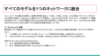 すべてのモデルを1つのネットワークに統合
フレームワークの最初の段階で、画像の特徴を抽出し（ CNN）、分類し（SVM）、より正確なバウンディングボック
スの位置の回帰子（ regressor）と異なるモデルを使用し、 Fast R-CNNでは単一のネットワークを使用して 3種類
の計算をします。SVM分類器をCNN上のsoftmax層で置き換えて分類を出力します。また、 bounding box 座標
を出力するためにsoftmax層に平行な線形回帰層を追加しています。
※1 End-to-end 学習
前処理かけたり複数のモデルを組み合わせたりすることなく、入力と出力の関係を直接単一のモデルで学習す
ること
● この変更により、SPPネットと比較してトレーニング時間全体を短縮し、精度を向上させます。
● Fast R-CNN では bounding box の走査に Selective Search を利用していることは変わらず。
全体モデルへの入力と出力は次のとおり。
● 入力：領域候補生成済みの画像情報。
● 出力：各領域の物体分類と bounding box 座標とサイズ
 