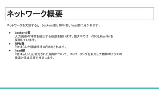 ネットワーク概要
ネットワークを大別すると、 backend部、RPN部、head部に分かれます。
● backend部
入力画像の特徴を抽出する役割を担います。論文中では VGGとResNetを
採用しています。
● RPN部
「物体らしき領域候補」が抽出されます。
● head部
「物体らしい」と判定された領域について、 RoIプーリングを利用して物体のクラスの
確率と領域位置を推定します。
 