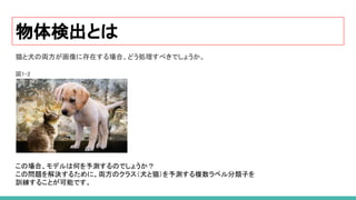 物体検出とは
猫と犬の両方が画像に存在する場合、どう処理すべきでしょうか。
図1-2 
 
 
 
 
 
 
 
 
 
 
 
 
この場合、モデルは何を予測するのでしょうか？
この問題を解決するために、両方のクラス（犬と猫）を予測する複数ラベル分類子を
訓練することが可能です。
 
