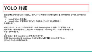YOLO 詳細
画像全体をS×Sのグリッドに分割し、各グリッドは N個の bounding box と confidence を予測。confidence
は、
● bounding box の精度と
● bounding box が実際にオブジェクトを含むかどうか（クラスに関係なく）
を反映します。
YOLO はまた、トレーニング中の各クラスの各 bounding box の分類スコアを予測します。
両方のクラスを組み合わせて、各クラスが予測される bounding box に存在する確率を計算
することができます。
　↓
合計SxSxN 個の bounding box が予測されますが、
多くの bounding box は confidence スコアが低く、しきい値を30％と設定すると、
ほとんどのものが削除されます。
 