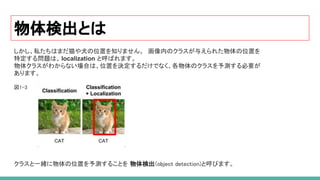 物体検出とは
しかし、私たちはまだ猫や犬の位置を知りません。 画像内のクラスが与えられた物体の位置を
特定する問題は、localization と呼ばれます。
物体クラスがわからない場合は、位置を決定するだけでなく、各物体のクラスを予測する必要が
あります。
図1-3 
 
 
 
 
 
 
 
 
 
 
 
クラスと一緒に物体の位置を予測することを 物体検出(object detection)と呼びます。  
 
 