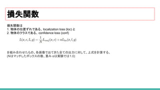 損失関数
損失関数は
1. 物体の位置ずれである、 localization loss (loc) と
2. 物体のクラスである、 conﬁdence loss (conf)
を組み合わせたもの。各画像で出てきた全ての出力に対して、上式を計算する。
(Nはマッチしたボックスの数、重み αは実験では1.0)
 