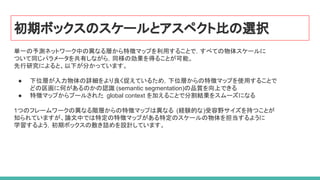 初期ボックスのスケールとアスペクト比の選択
単一の予測ネットワーク中の異なる層から特徴マップを利用することで，すべての物体スケールに
ついて同じパラメータを共有しながら，同様の効果を得ることが可能。
先行研究によると、以下が分かっています。
● 下位層が入力物体の詳細をより良く捉えているため，下位層からの特徴マップを使用することで
どの区画に何があるのかの認識 (semantic segmentation)の品質を向上できる
● 特徴マップからプールされた global context を加えることで分割結果をスムーズになる
1つのフレームワークの異なる階層からの特徴マップは異なる (経験的な)受容野サイズを持つことが
知られていますが、論文中では特定の特徴マップがある特定のスケールの物体を担当するように
学習するよう，初期ボックスの敷き詰めを設計しています。
 