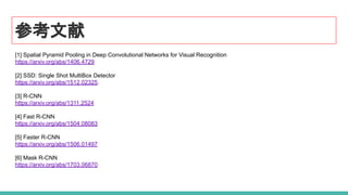 参考文献
[1] Spatial Pyramid Pooling in Deep Convolutional Networks for Visual Recognition
https://arxiv.org/abs/1406.4729
[2] SSD: Single Shot MultiBox Detector
https://arxiv.org/abs/1512.02325.
[3] R-CNN
https://arxiv.org/abs/1311.2524
[4] Fast R-CNN
https://arxiv.org/abs/1504.08083
[5] Faster R-CNN
https://arxiv.org/abs/1506.01497
[6] Mask R-CNN
https://arxiv.org/abs/1703.06870
 
 