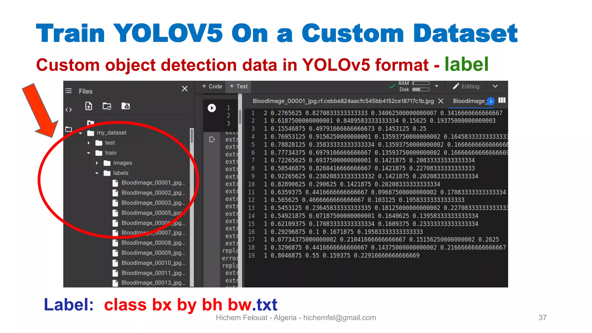 Hichem Felouat - Algeria - hichemfel@gmail.com 37 Custom object detection data in YOLOv5 format - label Label: class bx by bh bw.txt Train YOLOV5 On a Custom Dataset 