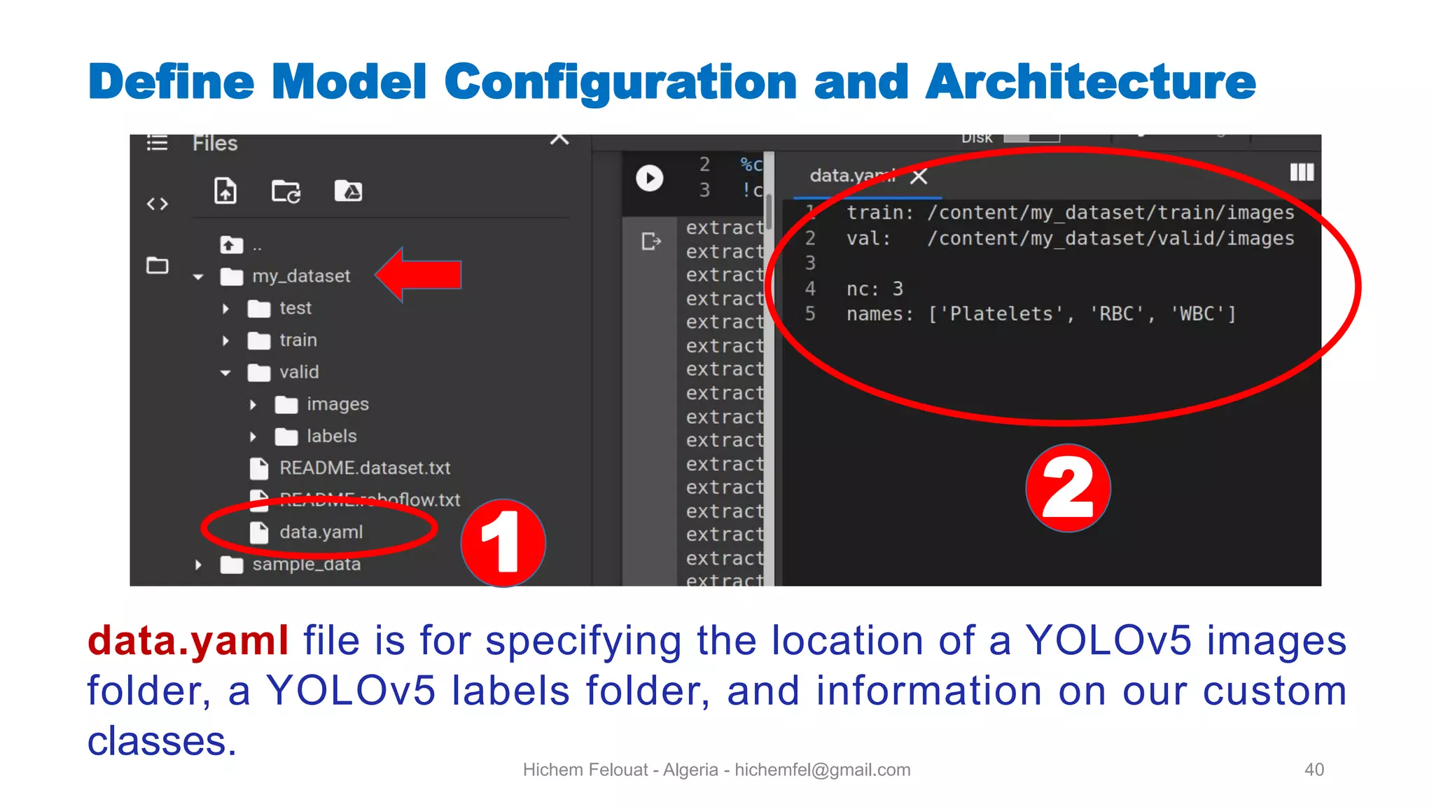 Hichem Felouat - Algeria - hichemfel@gmail.com 40 Define Model Configuration and Architecture data.yaml file is for specifying the location of a YOLOv5 images folder, a YOLOv5 labels folder, and information on our custom classes. 