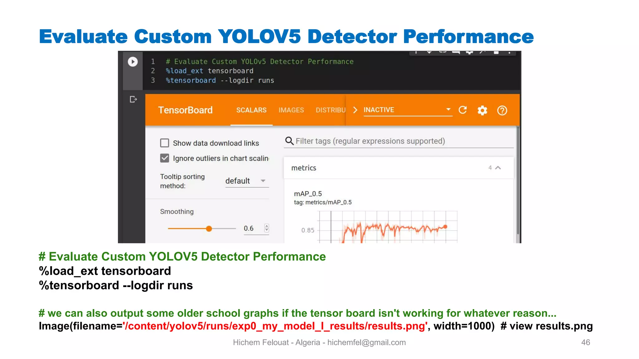 Hichem Felouat - Algeria - hichemfel@gmail.com 46 Evaluate Custom YOLOV5 Detector Performance # Evaluate Custom YOLOV5 Detector Performance %load ext tensorboard %tensorboard --logdir runs # we can also output some older school graphs if the tensor board isn't working for whatever reason... Image(filename='/content/yolov5/runs/exp0 my model l results/results.png', width=1000) # view results.png 