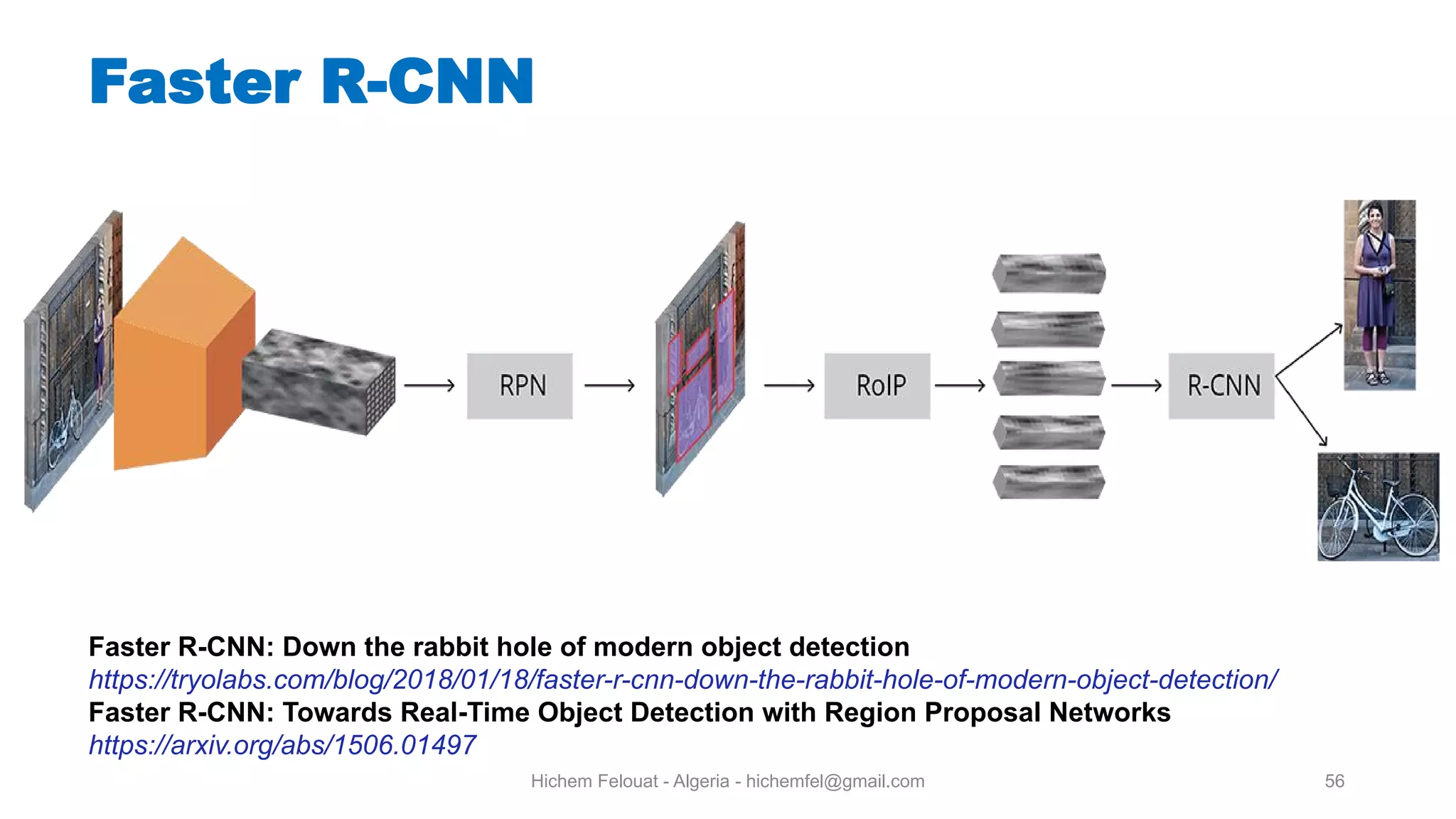 Hichem Felouat - Algeria - hichemfel@gmail.com 56 Faster R-CNN Faster R-CNN: Down the rabbit hole of modern object detection https://tryolabs.com/blog/2018/01/18/faster-r-cnn-down-the-rabbit-hole-of-modern-object-detection/ Faster R-CNN: Towards Real-Time Object Detection with Region Proposal Networks https://arxiv.org/abs/1506.01497 