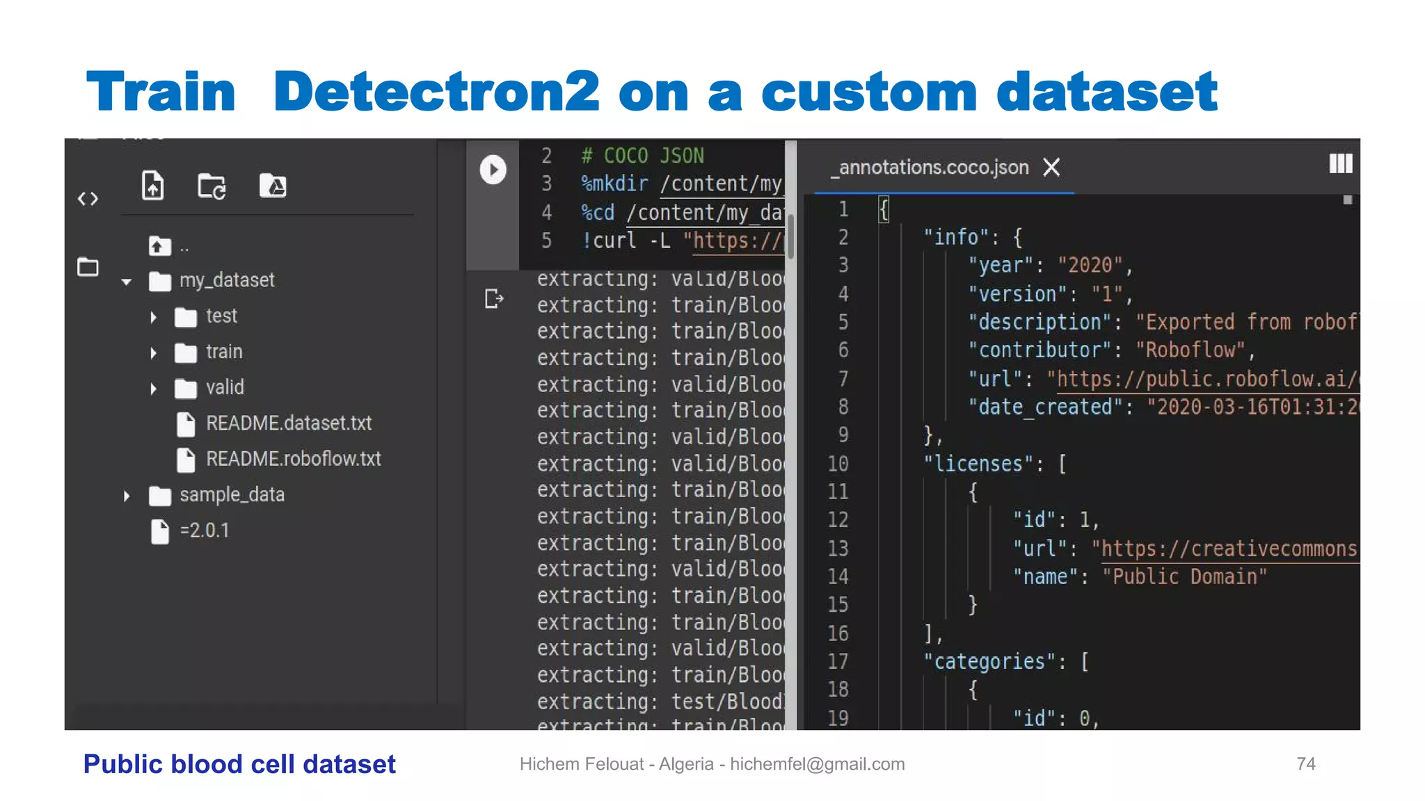 Hichem Felouat - Algeria - hichemfel@gmail.com 74 Train Detectron on a custom dataset Public blood cell dataset 