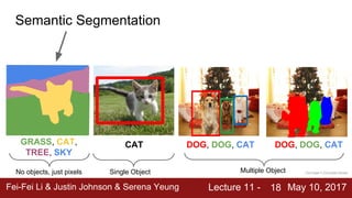 Fei-Fei Li & Justin Johnson & Serena Yeung Lecture 11 - May 10, 2017
18
Semantic Segmentation
CAT
GRASS, CAT,
TREE, SKY
DOG, DOG, CAT DOG, DOG, CAT
Single Object Multiple Object
No objects, just pixels This image is CC0 public domain
 