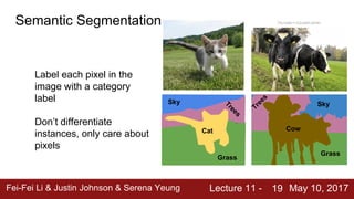 Fei-Fei Li & Justin Johnson & Serena Yeung Lecture 11 - May 10, 2017
19
Semantic Segmentation
Cow
Grass
Sky
T
r
e
e
s
Label each pixel in the
image with a category
label
Don’t differentiate
instances, only care about
pixels
This image is CC0 public domain
Grass
Cat
Sky
T
r
e
e
s
 