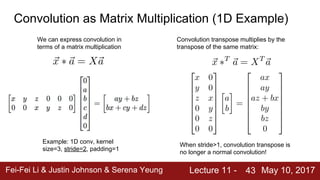 Fei-Fei Li & Justin Johnson & Serena Yeung Lecture 11 - May 10, 2017
43
Convolution as Matrix Multiplication (1D Example)
We can express convolution in
terms of a matrix multiplication
Example: 1D conv, kernel
size=3, stride=2, padding=1
Convolution transpose multiplies by the
transpose of the same matrix:
When stride>1, convolution transpose is
no longer a normal convolution!
 