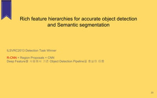 Rich feature hierarchies for accurate object detection
and Semantic segmentation
ILSVRC2013 Detection Task Winner
R-CNN = Region Proposals + CNN
Deep Feature를 사용해서 기존 Object Detection Pipeline을 충실히 따름
20
 