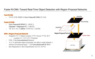 Fast R-CNN
- 이미지 전체 레벨에서 Conv Feature를 CNN으로 생성
Faster R-CNN
- Conv Feature를 RPN에도 사용하고,
Classifier + Regressor에도 사용하자.
- 1장 처리 속도가 200ms 수준까지도 가능해짐
RPN : Region Proposal Network
- Image를 받아서 Object Location 목록과 Score 목록을 출력
- Location마다 최대 k개의 Proposal
- FCN : Fully Convolutional Network
- “p.3: To generate region proposals, we slide a small network over the convolutional feature map output by the last
shared convolutional layer.” : 3x3 Convolutional하게 처리!
- Box Regression과 Box Classification 2갈래로 출력함
Faster R-CNN: Toward Real-Time Object Detection with Region Proposal Networks
42
 