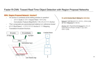 RPN : Region Proposal Network : Anchor?
- ‘An anchor is centered at the sliding window in question’
- 3개의 Scale과 3개의 Aspect Ratio = 9개 (=k)
- Convolution Feature Map(WxH) = W x H x 9 개의 Anchor
- ‘The k proposals are parameterized relative to k reference boxes‘
- k개의 Box/Class는 사전에 정의된 Anchor와 1:1 Mapping
- Translation-Invariant Anchors
Faster R-CNN: Toward Real-Time Object Detection with Region Proposal Networks
44
즉, 실제로 Anchor Box로 Sliding하는 것이 아님.
Network가 출력할 k개의 박스 중 어느 곳에서 값을
출력할지 Mapping하는 용도임.
(Anchor 없이 학습하면 k개에 Assign되는 박스가
뒤죽박죽이어서학습이 어려울 수 있는 등의
문제가 있음)
 