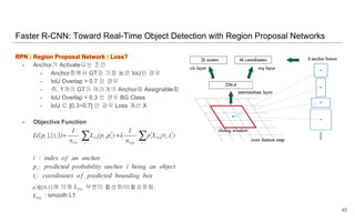 RPN : Region Proposal Network : Loss?
- Anchor가 Activate되는 조건
- Anchor중에서 GT와 가장 높은 IoU인 경우
- IoU Overlap > 0.7 인 경우
- 즉, 1개의 GT가 여러개의 Anchor에 Assignable함
- IoU Overlap < 0.3 인 경우 BG Class
- IoU ⊂ [0.3~0.7] 인 경우 Loss 계산 X
- Objective Function
에 의해 부분이 활성화/비활성화됨.
: smooth L1
Faster R-CNN: Toward Real-Time Object Detection with Region Proposal Networks
45
 