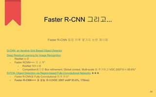 Faster R-CNN 그리고...
Faster R-CNN 등장 이후 몇가지 논문 제시됨
G-CNN: an Iterative Grid Based Object Detector
Deep Residual Learning for Image Recognition
- ResNet 논문
- Faster RCNN+++ 의 소개*
- ResNet 101사용
- Competition용으로 Box refinement, Global context, Multi-scale 등 추가하고 VOC 2007에서 85.6%*
R-FCN: Object Detection via Region-based Fully Convolutional Networks ★★★
- Faster R-CNN을 Fully Convolutional 하게 변경*
- Faster R-CNN+++ 과 성능 유사(VOC 2007 mAP 83.6%, 170ms)
49
 