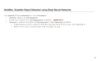 여러 Object를 한번에 Localization할 수 있는 Formulation?
- OverFeat : 4점(x, y, w, h)를 Regression
- 변수를 그냥 막 늘려서 여러 점을 Regression할 순 없을까? → N개의 박스?
- Training하는 과정에서 여러 GT와 여러 Bounding Box가 어떻게 Matching되어야할까?
- 학습을 위해서는 1번 박스가 2번 박스에 비해서 좌상단에 있어야 된다거나 하는 조건이 붙어야할 것
- N개의 박스의 자유도가 높으면 학습이 아예 되지 않을 수도 있음
MultiBox: Scalable Object Detection using Deep Neural Networks
53
 