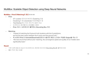 MultiBox : Prior와 Matching의 제안 ★ ★ ★
- Prior
- GT Location 데이터로 K개의 Clustering 만듦
- Clustering의 중심(Centroid)가 K개 Prior가 됨
- ‘free-floating’하는 여러 개의 박스들이 아님
- 논문에서는 K=100 또는 K=200 사용함
- Prior 개수 = 네트워크가 출력하는 Bounding Box 개수
- Matching
- “instead of matching the N ground truth locations with the K predictions,
we find the best match between the K priors and the ground truth.”
- 즉, K개의 Prior가 Activate/Deactivate되면서 뉴럴넷의 해당 노드에서 적절한 Output을 주는 것
- “We have found that without prior matching, the convergence speed and quality of our models were
significantly lower.”
Result
- 기존 다른 방법과 성능이 유사하면서도 한번에 여러개의 Bounding Box를 출력하게 함
- 훨씬 적은 계산 비용!
MultiBox: Scalable Object Detection using Deep Neural Networks
55
 