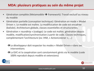 www.modeliosoft.com
MDA: plusieurs pratiques au sein du même projet
• Génération complète (Metamodèle  framework): Travail exclusif au niveau
du modèle
• Génération partielle (conception technique): Génération en mode « Model
Driven ». Le modèle est maître. La modificication de code est encadrée
(balisée). Architecture globale, classes essentielles et structurantes.
• Génération « roundtrip » (codage): Le code est maître. génération depuis
modèle, modification/synchronisation à partir de code. Classes techniques,
complémentant l’architecture (ex: IHM, « ActionListener », …)
Le développeur doit respecter les modes « Model Driven » dans ses
interventions
La GVC et la coopération sont constamment gérés via le modèle (code
100% reproduit depuis modèle et extensions)
10
 