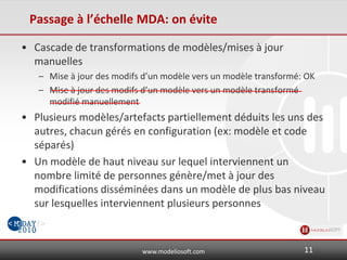 www.modeliosoft.com
Passage à l’échelle MDA: on évite
• Cascade de transformations de modèles/mises à jour
manuelles
– Mise à jour des modifs d’un modèle vers un modèle transformé: OK
– Mise à jour des modifs d’un modèle vers un modèle transformé
modifié manuellement
• Plusieurs modèles/artefacts partiellement déduits les uns des
autres, chacun gérés en configuration (ex: modèle et code
séparés)
• Un modèle de haut niveau sur lequel interviennent un
nombre limité de personnes génère/met à jour des
modifications disséminées dans un modèle de plus bas niveau
sur lesquelles interviennent plusieurs personnes
11
 