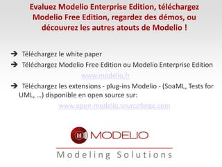  Téléchargez le white paper
 Téléchargez Modelio Free Edition ou Modelio Enterprise Edition
www.modelio.fr
 Téléchargez les extensions - plug-ins Modelio - (SoaML, Tests for
UML, …) disponible en open source sur:
www.open-modelio.sourceforge.com
Evaluez Modelio Enterprise Edition, téléchargez
Modelio Free Edition, regardez des démos, ou
découvrez les autres atouts de Modelio !
M o d e l i n g S o l u t i o n s
 