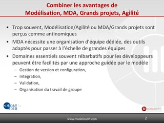 www.modeliosoft.com
Combiner les avantages de
Modélisation, MDA, Grands projets, Agilité
• Trop souvent, Modélisation/Agilité ou MDA/Grands projets sont
perçus comme antinomiques
• MDA nécessite une organisation d’équipe dédiée, des outils
adaptés pour passer à l’échelle de grandes équipes
• Domaines essentiels souvent rébarbatifs pour les développeurs
peuvent être facilités par une approche guidée par le modèle
– Gestion de version et configuration,
– Intégration,
– Validation,
– Organisation du travail de groupe
2
 