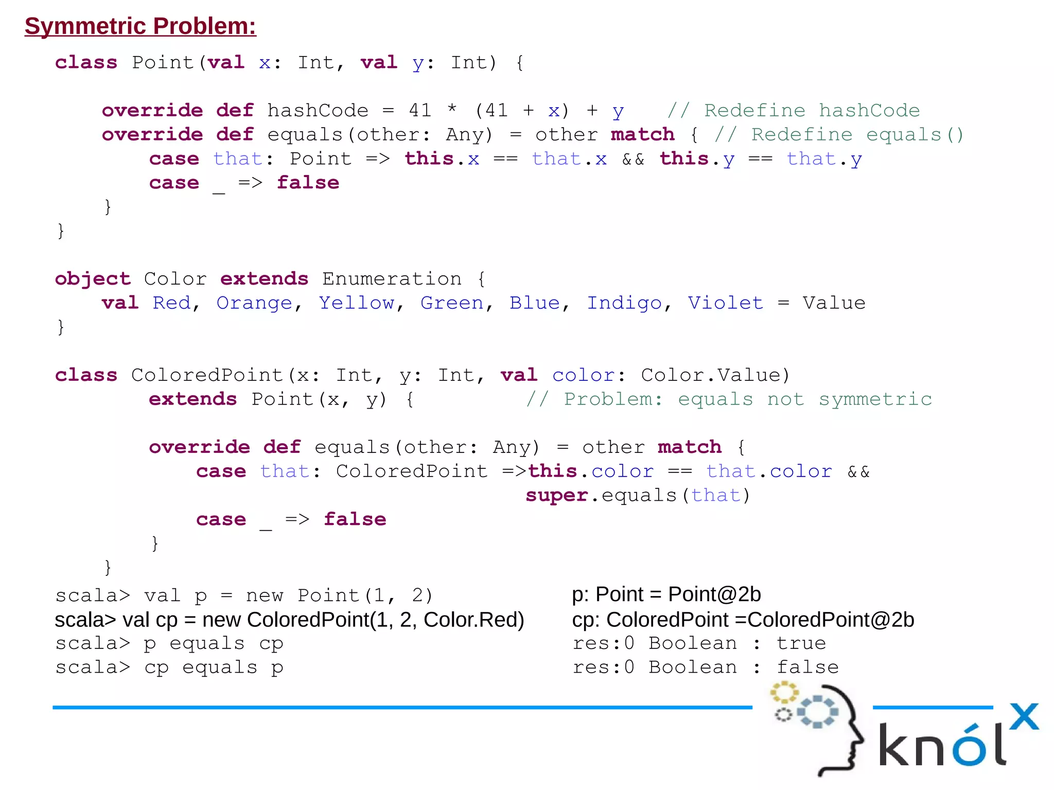 Symmetric Problem:
  class Point(val x: Int, val y: Int) {

      override    def hashCode = 41 * (41 + x) + y    // Redefine hashCode
      override    def equals(other: Any) = other match { // Redefine equals()
          case    that: Point => this.x == that.x && this.y == that.y
          case    _ => false
      }
  }

  object Color extends Enumeration {
      val Red, Orange, Yellow, Green, Blue, Indigo, Violet = Value
  }

  class ColoredPoint(x: Int, y: Int, val color: Color.Value)
         extends Point(x, y) {         // Problem: equals not symmetric

           override def equals(other: Any) = other match {
               case that: ColoredPoint =>this.color == that.color &&
                                         super.equals(that)
               case _ => false
           }
       }
  scala> val p = new Point(1, 2)                      p: Point = Point@2b
  scala> val cp = new ColoredPoint(1, 2, Color.Red)   cp: ColoredPoint =ColoredPoint@2b
  scala> p equals cp                                  res:0 Boolean : true
  scala> cp equals p                                  res:0 Boolean : false
 