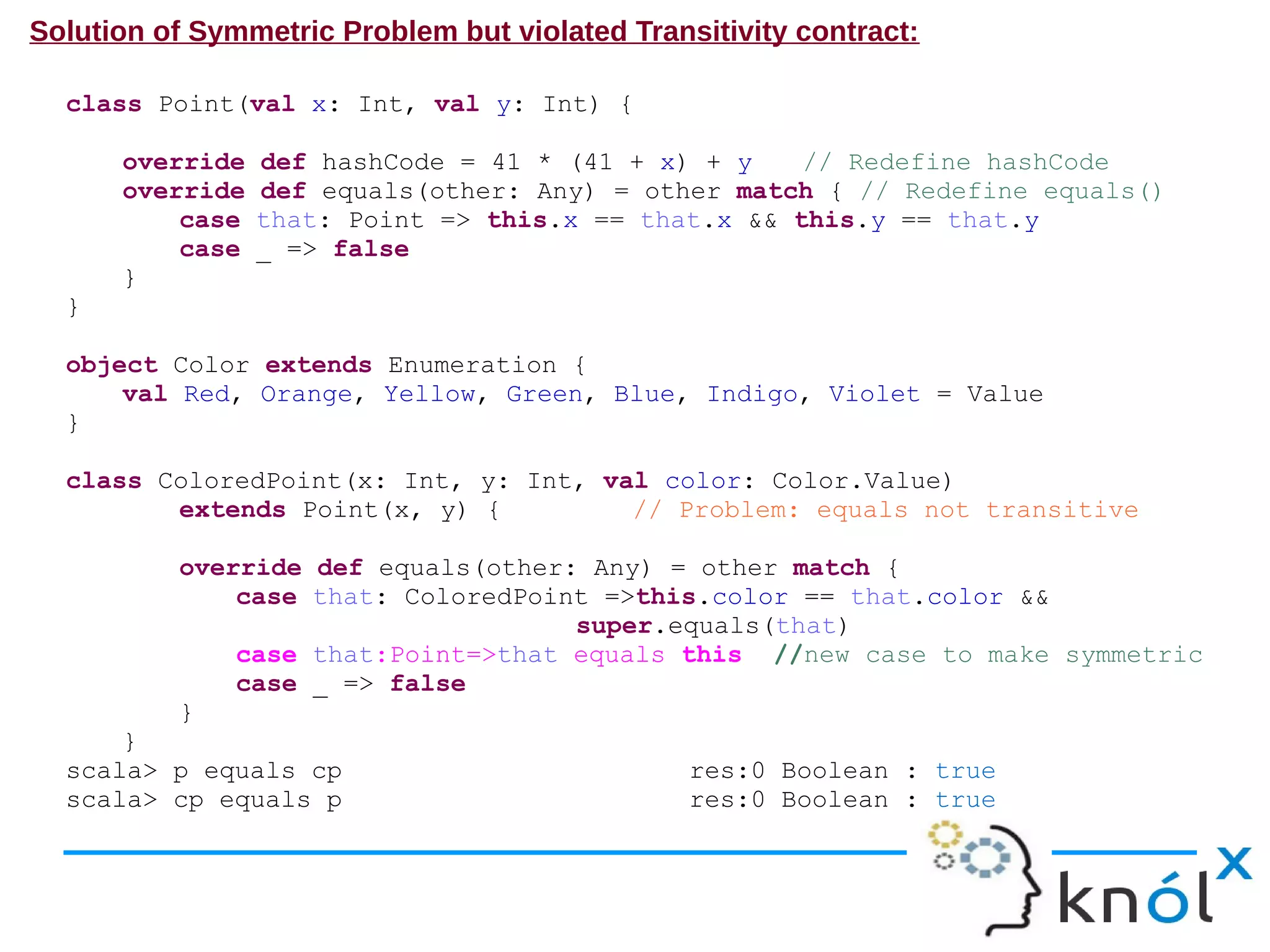 Solution of Symmetric Problem but violated Transitivity contract:

  class Point(val x: Int, val y: Int) {

      override   def hashCode = 41 * (41 + x) + y    // Redefine hashCode
      override   def equals(other: Any) = other match { // Redefine equals()
          case   that: Point => this.x == that.x && this.y == that.y
          case   _ => false
      }
  }

  object Color extends Enumeration {
      val Red, Orange, Yellow, Green, Blue, Indigo, Violet = Value
  }

  class ColoredPoint(x: Int, y: Int, val color: Color.Value)
         extends Point(x, y) {         // Problem: equals not transitive

          override def equals(other: Any) = other match {
              case that: ColoredPoint =>this.color == that.color &&
                                    super.equals(that)
              case that:Point=>that equals this //new case to make symmetric
              case _ => false
          }
      }
  scala> p equals cp                            res:0 Boolean : true
  scala> cp equals p                            res:0 Boolean : true
 