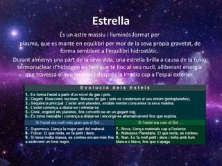 Estrella
És un astre massiu i lluminós format per
plasma, que es manté en equilibri per mor de la seva pròpia gravetat, de
forma semblant a l'equilibri hidrostàtic.
Durant almenys una part de la seva vida, una estrella brilla a causa de la fusió
termonuclear d'hidrogen en heli que té lloc al seu nucli, alliberant energia
que travessa el seu interior i després la irradia cap a l'espai exterior.
 