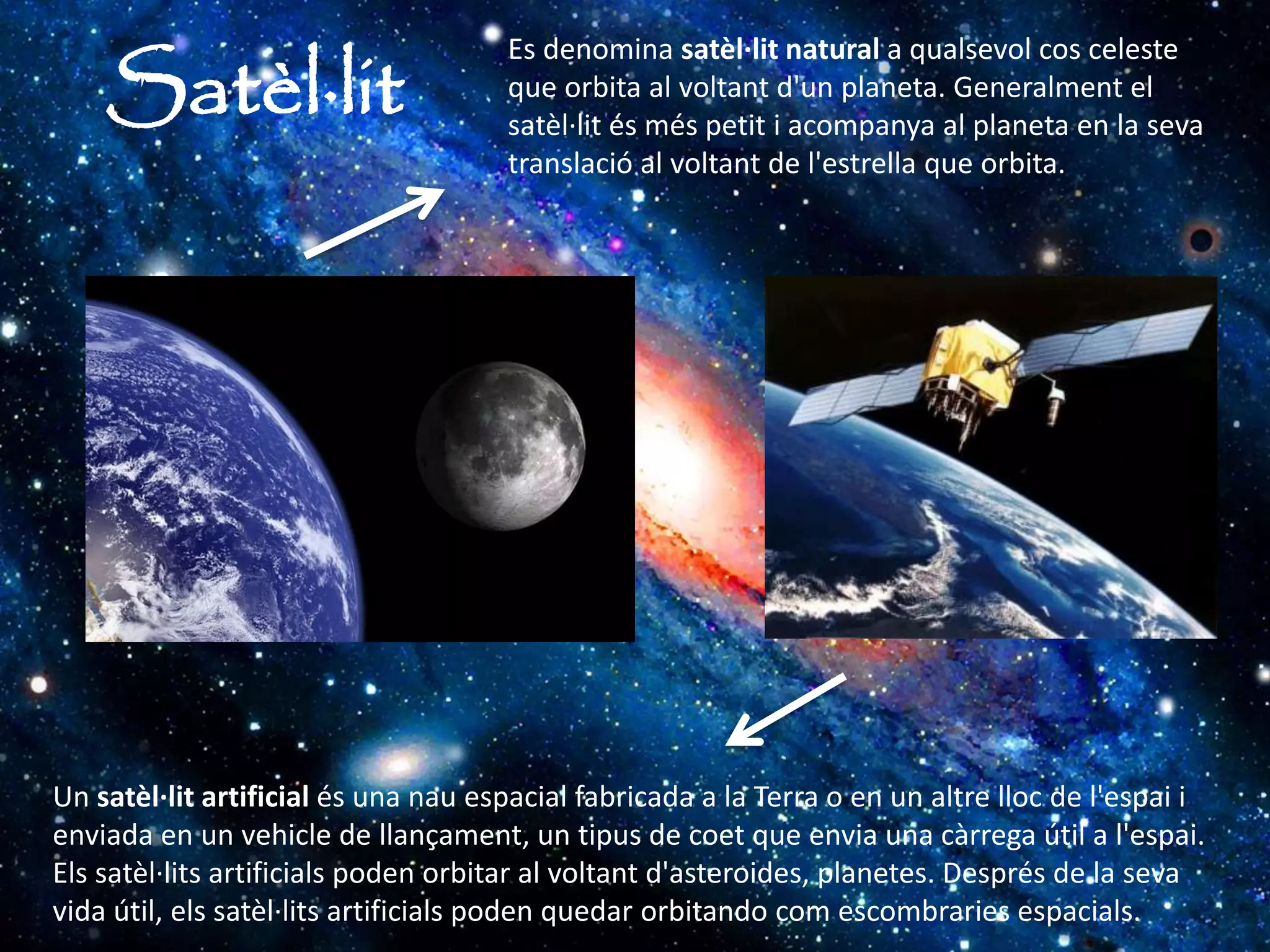 Satèl·lit
Es denomina satèl·lit natural a qualsevol cos celeste
que orbita al voltant d'un planeta. Generalment el
satèl·lit és més petit i acompanya al planeta en la seva
translació al voltant de l'estrella que orbita.
Un satèl·lit artificial és una nau espacial fabricada a la Terra o en un altre lloc de l'espai i
enviada en un vehicle de llançament, un tipus de coet que envia una càrrega útil a l'espai.
Els satèl·lits artificials poden orbitar al voltant d'asteroides, planetes. Després de la seva
vida útil, els satèl·lits artificials poden quedar orbitando com escombraries espacials.
 