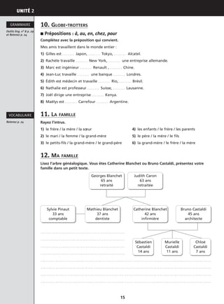 Retenez p. 24
COMMUNIQUER
UNITÉ 2
15
10. GLOBE-TROTTERS
■ Prépositions : à, au, en, chez, pour
Complétez avec la préposition qui convient.
Mes amis travaillent dans le monde entier :
1) Gilles est . . . . . . . . Japon, . . . . . . . . Tokyo, . . . . . . . . Alcatel.
2) Rachèle travaille . . . . . . . . New York, . . . . . . . . une entreprise allemande.
3) Marc est ingénieur . . . . . . . . Renault , . . . . . . . . Chine.
4) Jean-Luc travaille . . . . . . . . une banque . . . . . . . . Londres.
5) Édith est médecin et travaille . . . . . . . . Rio, . . . . . . . . Brésil.
6) Nathalie est professeur . . . . . . . . Suisse, . . . . . . . . Lausanne.
7) Joël dirige une entreprise . . . . . . . . Kenya.
8) Maëlys est . . . . . . . . Carrefour . . . . . . . . Argentine.
11. LA FAMILLE
Rayez l’intrus.
1) le frère / la mère / la sœur 4) les enfants / le frère / les parents
2) le mari / la femme / la grand-mère 5) le père / la mère / le fils
3) le petits-fils / la grand-mère / le grand-père 6) la grand-mère / le frère / la mère
12. MA FAMILLE
Lisez l’arbre généalogique. Vous êtes Catherine Blanchet ou Bruno Castaldi, présentez votre
famille dans un petit texte.
. . . . . . . . . . . . . . . . . . . . . . . . . . . . . . . . . . . . . . . . . . . . . . . . . . . . . . . .
. . . . . . . . . . . . . . . . . . . . . . . . . . . . . . . . . . . . . . . . . . . . . . . . . . . . . . . .
. . . . . . . . . . . . . . . . . . . . . . . . . . . . . . . . . . . . . . . . . . . . . . . . . . . . . . . .
. . . . . . . . . . . . . . . . . . . . . . . . . . . . . . . . . . . . . . . . . . . . . . . . . . . . . . . .
. . . . . . . . . . . . . . . . . . . . . . . . . . . . . . . . . . . . . . . . . . . . . . . . . . . . . . . . . . . . . . . . . . . . . . . . . . . . . . . . . . . . . . . . . . . . . . . . . . . . . . . . . . . . . . . . .
. . . . . . . . . . . . . . . . . . . . . . . . . . . . . . . . . . . . . . . . . . . . . . . . . . . . . . . . . . . . . . . . . . . . . . . . . . . . . . . . . . . . . . . . . . . . . . . . . . . . . . . . . . . . . . . . .
. . . . . . . . . . . . . . . . . . . . . . . . . . . . . . . . . . . . . . . . . . . . . . . . . . . . . . . . . . . . . . . . . . . . . . . . . . . . . . . . . . . . . . . . . . . . . . . . . . . . . . . . . . . . . . . . .
. . . . . . . . . . . . . . . . . . . . . . . . . . . . . . . . . . . . . . . . . . . . . . . . . . . . . . . . . . . . . . . . . . . . . . . . . . . . . . . . . . . . . . . . . . . . . . . . . . . . . . . . . . . . . . . . .
Outils ling. n° 8 p. 29
et Retenez p. 24
GRAMMAIRE
Retenez p. 24
VOCABULAIRE
Mathieu Blanchet
37 ans
dentiste
Sylvie Pinaut
33 ans
comptable
Sébastien
Castaldi
14 ans
Murielle
Castaldi
11 ans
Chloé
Castaldi
7 ans
Catherine Blanchet
42 ans
infirmière
Bruno Castaldi
45 ans
architecte
Judith Caron
63 ans
retraitée
Georges Blanchet
65 ans
retraité
 