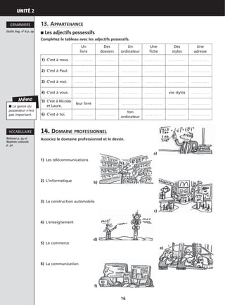 UNITÉ 2
13. APPARTENANCE
■ Les adjectifs possessifs
Complétez le tableau avec les adjectifs possessifs.
14. DOMAINE PROFESSIONNEL
Associez le domaine professionnel et le dessin.
1) Les télécommunications
2) L’informatique
3) La construction automobile
4) L’enseignement
5) Le commerce
6) La communication
Outils ling. n° 6 p. 29
GRAMMAIRE
Retenez p. 24 et
Repères culturels
p. 30
VOCABULAIRE
Mémo
■ Le genre du
possesseur n’est
pas important.
Un
livre
Des
dossiers
Un
ordinateur
Une
fiche
Des
stylos
Une
adresse
1) C’est à nous. . . . . . . . . . . . . . . . . . . . . . . . . . . . . . . . . . . . . . . . . . . . . . . . . . . . . . . . . . . . . . . . . . . . . . . . .
2) C’est à Paul. . . . . . . . . . . . . . . . . . . . . . . . . . . . . . . . . . . . . . . . . . . . . . . . . . . . . . . . . . . . . . . . . . . . . . . . .
3) C’est à moi. . . . . . . . . . . . . . . . . . . . . . . . . . . . . . . . . . . . . . . . . . . . . . . . . . . . . . . . . . . . . . . . . . . . . . . . .
4) C’est à vous. . . . . . . . . . . . . . . . . . . . . . . . . . . . . . . . . . . . . . . . . . . . . . . . . vos stylos . . . . . . . . . . . .
5) C’est à Nicolas
et Laure.
leur livre . . . . . . . . . . . . . . . . . . . . . . . . . . . . . . . . . . . . . . . . . . . . . . . . . . . . . . . . . . . .
6) C’est à toi. . . . . . . . . . . . . . . . . . . . . . . . .
ton
ordinateur
. . . . . . . . . . . . . . . . . . . . . . . . . . . . . . . . . . . .
16
a)
b)
c)
d)
f)
e)
 