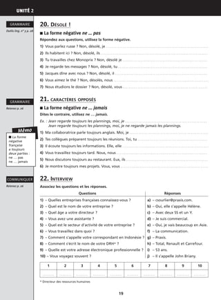 UNITÉ 2
19
20. DÉSOLÉ !
■ La forme négative ne … pas
Répondez aux questions, utilisez la forme négative.
1) Vous parlez russe ? Non, désolé, je . . . . . . . . . . . . . . . . . . . . . . . . . . . . . . . . . . . . . . . . . . . . . . . . . . . . . . . . . . . . . . . . . . . . .
2) Ils habitent ici ? Non, désolé, ils . . . . . . . . . . . . . . . . . . . . . . . . . . . . . . . . . . . . . . . . . . . . . . . . . . . . . . . . . . . . . . . . . . . . . . . .
3) Tu travailles chez Monoprix ? Non, désolé je . . . . . . . . . . . . . . . . . . . . . . . . . . . . . . . . . . . . . . . . . . . . . . . . . . . . . . . . .
4) Je regarde tes messages ? Non, désolé, tu . . . . . . . . . . . . . . . . . . . . . . . . . . . . . . . . . . . . . . . . . . . . . . . . . . . . . . . . . . . .
5) Jacques dîne avec nous ? Non, désolé, il . . . . . . . . . . . . . . . . . . . . . . . . . . . . . . . . . . . . . . . . . . . . . . . . . . . . . . . . . . . . . .
6) Vous aimez le thé ? Non, désolés, nous . . . . . . . . . . . . . . . . . . . . . . . . . . . . . . . . . . . . . . . . . . . . . . . . . . . . . . . . . . . . . . . .
7) Nous étudions le dossier ? Non, désolé, vous . . . . . . . . . . . . . . . . . . . . . . . . . . . . . . . . . . . . . . . . . . . . . . . . . . . . . . . . .
21. CARACTÈRES OPPOSÉS
■ La forme négative ne ... jamais
Dites le contraire, utilisez ne … jamais.
Ex. : Jean regarde toujours les plannings, moi, je . . . . . . . . . . . . . . . . . . . . . . . . . . . . . . . . . . . . . . . . . . . . . . . . . . . . . . .
Jean regarde toujours les plannings, moi, je ne regarde jamais les plannings.
1) Ma collaboratrice parle toujours anglais. Moi, je . . . . . . . . . . . . . . . . . . . . . . . . . . . . . . . . . . . . . . . . . . . . . . . . . . . . .
2) Tes collègues préparent toujours les réunions. Toi, tu . . . . . . . . . . . . . . . . . . . . . . . . . . . . . . . . . . . . . . . . . . . . . . .
3) Il écoute toujours les informations. Elle, elle . . . . . . . . . . . . . . . . . . . . . . . . . . . . . . . . . . . . . . . . . . . . . . . . . . . . . . . . . .
4) Vous travaillez toujours tard. Nous, nous . . . . . . . . . . . . . . . . . . . . . . . . . . . . . . . . . . . . . . . . . . . . . . . . . . . . . . . . . . . . .
5) Nous discutons toujours au restaurant. Eux, ils . . . . . . . . . . . . . . . . . . . . . . . . . . . . . . . . . . . . . . . . . . . . . . . . . . . . . . .
6) Je montre toujours mes projets. Vous, vous . . . . . . . . . . . . . . . . . . . . . . . . . . . . . . . . . . . . . . . . . . . . . . . . . . . . . . . . . . .
22. INTERVIEW
Associez les questions et les réponses.
Questions Réponses
1) – Quelles entreprises françaises connaissez-vous ? a) – csourlier@praxis.com.
2) – Quel est le nom de votre entreprise ? b) – Oui, elle s’appelle Hélène.
3) – Quel âge a votre directeur ? c) – Avec deux SS et un Y.
4) – Vous avez une assistante ? d) – Je suis commercial.
5) – Quel est le secteur d’activité de votre entreprise ? e) – Oui, je vais beaucoup en Asie.
6) – Vous travaillez dans quoi ? f) – La communication.
7) – Comment s’appelle votre correspondant en Indonésie ? g) – Praxis.
8) – Comment s’écrit le nom de votre DRH* ? h) – Total, Renault et Carrefour.
9) – Quelle est votre adresse électronique professionnelle ? i) – 53 ans.
10) – Vous voyagez souvent ? j) – Il s’appelle John Briany.
* Directeur des ressources humaines
Outils ling. n° 3 p. 28
GRAMMAIRE
Retenez p. 26
GRAMMAIRE
Retenez p. 26
COMMUNIQUER
Mémo
■ La forme
négative
française
a toujours
deux parties :
ne … pas
ne … jamais
1 2 3 4 5 6 7 8 9 10
. . . . . . . . . . . . . . . . . . . . . . . . . . . . . . . . . . . . . . . . . . . . . . . . . . . . . . . . . . . . . . . . . . . . . . . . . . . . . . . .
 