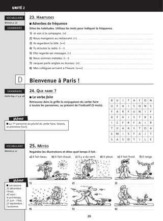 UNITÉ 2
20
23. HABITUDES
■ Adverbes de fréquence
Dites les habitudes. Utilisez les mots pour indiquer la fréquence.
1) Je vais à la campagne. (+) . . . . . . . . . . . . . . . . . . . . . . . . . . . . . . . . . . . . . . . . . . . . . . . . . . . . . . . . . . . . . . . . . . . . . . . . . . . . . . .
2) Nous mangeons au restaurant. (–) . . . . . . . . . . . . . . . . . . . . . . . . . . . . . . . . . . . . . . . . . . . . . . . . . . . . . . . . . . . . . . . . . . . . .
3) Ils regardent la télé. (++) . . . . . . . . . . . . . . . . . . . . . . . . . . . . . . . . . . . . . . . . . . . . . . . . . . . . . . . . . . . . . . . . . . . . . . . . . . . . . . . .
4) Tu écoutes la radio. (– –) . . . . . . . . . . . . . . . . . . . . . . . . . . . . . . . . . . . . . . . . . . . . . . . . . . . . . . . . . . . . . . . . . . . . . . . . . . . . . . . .
5) Elle regarde ses messages. (–) . . . . . . . . . . . . . . . . . . . . . . . . . . . . . . . . . . . . . . . . . . . . . . . . . . . . . . . . . . . . . . . . . . . . . . . . . . .
6) Nous sommes malades. (– –) . . . . . . . . . . . . . . . . . . . . . . . . . . . . . . . . . . . . . . . . . . . . . . . . . . . . . . . . . . . . . . . . . . . . . . . . . . . .
7) Jacques parle anglais au bureau. (+) . . . . . . . . . . . . . . . . . . . . . . . . . . . . . . . . . . . . . . . . . . . . . . . . . . . . . . . . . . . . . . . . . . .
8) Mes collègues arrivent à l’heure. (+++) . . . . . . . . . . . . . . . . . . . . . . . . . . . . . . . . . . . . . . . . . . . . . . . . . . . . . . . . . . . . . . . .
Bienvenue à Paris !
24. QUE FAIRE ?
■ Le verbe faire
Retrouvez dans la grille la conjugaison du verbe faire
à toutes les personnes, au présent de l’indicatif (5 mots).
25. MÉTÉO
Regardez les illustrations et dites quel temps il fait.
a) Il fait beau. b) Il fait chaud. c) Il y a du vent. d) Il pleut. e) Il fait froid. f) Il neige.
Retenez p. 26
VOCABULAIRE
GRAMMAIRE
Outils ling. n° 4 p. 28
GRAMMAIRE
Retenez p. 27
VOCABULAIRE
Mémo
■ La 1re personne du pluriel du verbe faire, faisons,
se prononce [fəzɔ˜].
Mémo
■ Les saisons
22 décembre :
l’hiver,
20 mars :
le printemps,
21 juin : l’été,
23 septembre :
l’automne.
D
B U I T A F O N
U F A I S O N S
F A R F U N I F
A F A I S T B E
I C F R F A I R
T U A A S T O A
E M I S F A I T
S A S O T I L E
1) . . . . . . . . . . . . . . . . . . . . . . . . . . . . . . . .
4) . . . . . . . . . . . . . . . . . . . . . . . . . . . . . . . .
2) . . . . . . . . . . . . . . . . . . . . . . . . . . . . . . . .
5) . . . . . . . . . . . . . . . . . . . . . . . . . . . . . . . .
3) . . . . . . . . . . . . . . . . . . . . . . . . . . . . . . . .
6) . . . . . . . . . . . . . . . . . . . . . . . . . . . . . . . .
 
