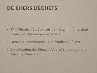DE CHERS DÉCHETS
• 14 milliards d'€ dépensés par les communes pour
la gestion des déchets —par an !
• La taxe d'enlèvement a quadruplé en 20 ans
• 2 multinationales (Suez et Veolia) se partagent le
"marché" français
 