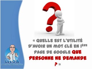 « Quelle est l’utilité
d’avoir un mot clé en 1ère
   page de Google que
personne ne demande
         ?»
 