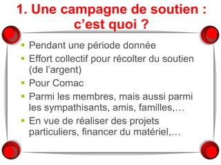 1. Une campagne de soutien : c’est quoi ? Pendant une période donnée Effort collectif pour récolter du soutien (de l’argent) Pour Comac Parmi les membres, mais aussi parmi les sympathisants, amis, familles,… En vue de réaliser des projets particuliers, financer du matériel,… 