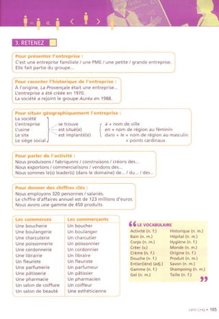~
3. RETENEZ.
Pour presenter "entreprise : '1
('est une entreprise familiale I une PMEI une petite I grande entreprise.
Elle fait partie du groupe...
Pour raconter "historique de "entreprise :
A I'origine, La Proven~a/e etait une entreprise...
L'entreprise a ete creee en 1970.
Lasociete a rejoint Ie groupe Aurea en 1988.
Pour situer geographiquement "entreprise :
La societe
]
L'entreprise / se trouve a+ nom de ville
L'usine - est situe(e) en + nom de region au feminin
Le site / est implante(e) {dans + Ie + nom de region au masculin
Le siege social + points cardinaux
Pour parler de I'activite :
Nous produisons I fabriquons I construisons I creons des...
Nous exportons I commercialisons I vendons des...
Nous sommes le(s) leader(s) (dans Ie domaine) de... I du... I des...
Pour donner des chiffres des:
Nous employons 320 personnes I salaries.
Lechiffre d'affaires annuel est de 123 millions d'euros.
Nous avons une gamme de 450 produits.
cent clnq . 105
Les commerces
I Les commeranG
Une boucherie
! Un boucher I " LEVOCABULAIRE
Une boulangerie I Un boulanger I Activite (n. f.) Historique (n. m.)
Une charcuterie IUn charcutier Bain (n. m.) H6pital (n. m.)
Une poissonnerie I Un poissonnier
Corps (n. m.) Hygiene (n. f.)
Une cordonnerie Un cordonnier Creer (v.) Monde (n. m.)
Une librairie Un libraire
Creme (n. f.) Origine (n. f.)
Un fleuriste Un fleuriste
Douche (n. f.) Produit (n. m.)
Une parfumerie Un parfumeur
Entier(iere) (adj.) Savon (n. m.)
Gamme (n. f.) Shampoing (n. m.)
Une patisserie Un patissier Gel (n. m.) Taille (n. f.)
. Une pharmacie Un pharmacien "I Unsalon de coiffure Un coiffeur
lUn salon de beaute
Une estheticienne
 