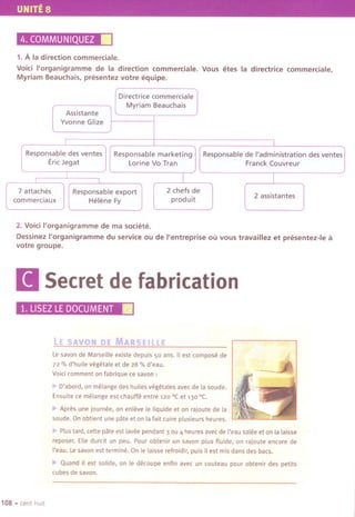UNITE 8
4. COMMUNIQUEZ .1. A la direction commerciale.
Voici I'organigramme de la direction commerciale. Vous etes la directrice commercia Ie,
Myriam Beauchais, presentez votre equipe.
2. Voici I'organigramme de ma societe.
Dessinez I'organigramme du service ou de I'entreprise OUvous travaillez et presentez-Ie II
votre groupe.
[I Secret de fabrication
1.LlSEZLEDOCUMENTIf
LE SAVOIIIDE MARSEILLE
Lesavon de Marseille existe depuis 50 ans. IIest compose de
72 % d'huile vegetale et de 28 % d'eau.
Voieicomment on fabrique ce savon :
~ D'abord, on melange des huiles vegetales avec de la soude.
Ensuite ce melange est chauffe entre 120 '( et 130'C.
~ Apres une journee, on enleve Ie liquide et on rajoute de la
soude. On obtient une pate et on la fait cuire plusieurs heures.
~ Plus tard, ceUe pate est lavee pendant 3 au 4 heures avec de I'eau salee et on la laisse
reposer. Elle durcit un peu. Pour obtenir un savon plus fluide, on rajoute encore de
i'eau. Lesavon est terminI'. On ie laisse refraidir, puis iI est mis dans des bacs.
~ Quand il est solide, on Ie decoupe enfin avec un couteau pour obtenir des petits
cubes de savon.
108 .cent huit
Directrice commerciale
Myriam Beauchais
Assistante
Yvonne Glize
I
Responsable des ventes Responsable marketing Responsable de I'administration des ventes
EricJegat Lorine Vo Tran Franck Couvreur
I I
7 attaches Responsable export 2 chefs de
2 assistantes
commerciaux Helene Fy produit
 