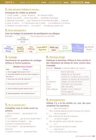 1. Une semaine d'allees et venues...
Conjuguez les verbes au present.
1. Lundi, Je(aller) . . a Lyon.Je(partir) . . de I'aeroport d'Orly.
2. Mardi, vous (venir) . . tot et nous (aller) . ensembleala banque
3. Mercredl, vous (partir) . . pour Toulouseet les commerclaux(aller). aRennes.
4. Jeudi,tu (venlr) . . a 7 heuresparceque tu (aller) . . a la conferencea 10 heures.
5. Vendredi, les experts(venrr). . et ils (partir) . . a StrasbourgI'apres-mldi.
2. D'ollviennent-ils ?
lisez les badges et presentez les participants au colloque.
Exemple: I I Paula Nogueiras vlent du Bresil.
Paula
NOGUEIRAS
Bresil
Ivana
SOKOLOVA
Russie
Urna
SARKARI
Inde
Susan BENETT
Eta1s.Unis
Nguyen
VO IRAN
VieJ;nam
:3_. Sondag!!
Transformez les questions du sondage.
Utilisez la forme soutenue.
, ----------
! SONOAGEVOYAG£-VOYAG£S
I
I NOM, .Prenom,
11. Vousvoyagezbeau coup en train? .
2. Vous etes satisfait du service dans les gares et
les trains? .. .....
3. Vous avez une carte de reduction?
4. Vous prenez beaucoup Ie TGV?
5. Vous travailiez souvent dans Ie train?
6. Ouelle proposition vous souhaitez faire?
5.lis ne savent den!---------------
Completez avec Ie verbe savoir au
present.
1. Vous ne (savoir) . . pas pourquoi II est
absent'
2. Tu ne (savolr) . . pas au est Ie dossier bleu 7
3. Les staglaires ne (savoir). pas
comment la machine fonetlonne.
4. Je ne (savorr) . . pas qui participe au
semlnaire.
5. Damien ne (savoir) pas quand il part
Harry
INAOMIOKA

BL.AlR
Japon Grande-Bretagne
Ada DlLEK
Turquic
4.Planning charge
Expliquez Ie planning. Utilisez Iefutur proche et
des indicateurs de temps du futur comme dans
I'exemple.
Exemple : Demain, Ie directeur va Irre les rapports.
6.Renseignements
UtiliseziI y a et les articles un, une, des pour
completer les questions.
1. - . . dans ton bureau'
- Non, la photocopleuse est dans Ie bureau de Christine.
2. - . . dans Ie quartier ,
- Oui, Ie parc est en face de la banque.
. au premier etage 7
- Oui, les tOilettes sont a cote de I'ascenseur
3
4. - lei'
- Oui, la machine est dans Ie coulorr.
5. - . . dans la rue'
- Oui, I'arret de bus est a 200 metres.
cent quarante-neuf. 149
faire Ie planning
telephoner au teehnlcien
Je envoyer les IOvltatlons pour Ie salon
Tu preparer les dossiers de financement
Le directeur rediger une note de service
Nous rencontrer nos concurrents
Vous aller a Bruxelles
Mes eollegues assister a une conference
lire les rapports
reserver une salle de reunion
 