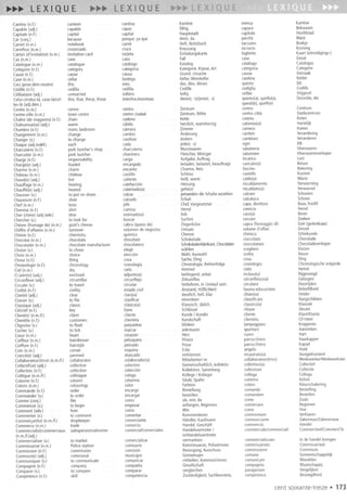 Cantine(n.l.) canteen cantina Kantine mensa Kantine
Capable(adj.) capable capaz fahig capace Bekwaam
Capitale(n.f.) capital capital Hauptstadt capitale Hoofdstad
Car(conj.) because porque,yaque denn,da perche Want
Carnet(n.rn.) notebook carne Heft,Notizbuch taccuino Boekje
Carrefour(n.m.) crossroads cruce Kreuzung incrocio Kruising
Carton(d'invitation)(n.m.) invitationcard tarjeta Einladungskarte biglietto Kaart(uitnodigings-)
Cas(n.m.) case caso Fall caso Geval
Catalogue(n.m.) catalogue catalogo Katalog catalogo Catalogus
Categorie(n.l.) category categoria Kategorie,Klasse,Art categoria Categorie
Cause(n.f.) cause causa Grund,Ursache causa Oorzaak
Cave(n.m.) cellar bodega Keller,Weinkeller cantina Kelder
Ceci(pron.dem.neutre) this esto das,dies,dieses questo Dit
Cedilie (n.l.) cedilla cedilla Cedille cediglia Cedille
Celibataire(adj.) unmarried soltero ledig celibe Vrijgezel
Celui-ci/celui-Ia,ceux-Ia/cel- this,that, these,those este/ese,esos/esas diese(r,-s)/jene(r,-5) questo(a),quello(a), Deze/die,die
les-Ia(adj.dem.) questi(e),quelli(e)
Centre(n.m.) centre centro Zentrum centro Centrum
Centre-ville(n.m.) town centre centrociudad Zentrum,Mltte centrocitta Stadscentrum
Chaine(de magasins)(n.l.) chain cadena Kette catena Keten
Chaleureux(se)(adj.) warm calido herzlich,warmherzig caloroso(a) Hartelijk
Chambre(n.l.) room,bedroom camara Zimmer camera Kamer
Changement(n.m.) change cambio iinderung cambio Verandering
Changer(v.) to change cambiar andern cambiare Veranderen
Chaque(adj.indef.) each cada jede(r,-5) ogni Elk
Charcuterie(n.l.) porkbutcher'sshop charcuteria Wurstwaren salumeria Vleeswaren
Charcutier(n.m.) pork butcher chacinero Fleischer,Metzger salumiere Vleeswarenverkoper
Charge(n.l.) responsability carga Aufgabe,Auftrag incarico Last
Charge(e)(adj.) loaded encargado beladen,belastet,beauftragt caricato(a) Belast
Charme(n.m.) charm encanto Charme,Reiz fascino Bekoring
Chateau(n.m.) chateau castillo Schloss castello Kasteel
Chaud(e)(adj.) hot caliente heiR,warm caldo(a) Warm
Chauffage(n.m.) heating calefaccion Heizung riscaldamento Verwarming
Chauffe(e)(adj.) heated calentado(a) geheizt riscaldato(a) Verwarmd
Chausser(v.) to put on shoes calzar jemandemdieSchuheanziehen caIzare Schoeien
Chaussure(n.l.) shoe calzado Schuh calzatura Schoen
Chef(n.m.) boss jefe Chef,Vorgesetzter capo,direttore Baas,hoofd
Chemise(n.l.) shirt camisa Hemd camicia Hemd
Cher(chere)(adj.!adv.) dear estimado(a) lieb caro(a) Beste
Chercher(v.) to lookfor buscar Suchen cercare Zoeken
Chevre(fromagede) (n.m.) goat'scheese cabra(quesode) Ziegenkase capra(formaggiodi) Geit (geitenkaas)
Chiffred'affaires(n.m.) turnover volumende negocios Umsatz volumed'affari Omzet
Chimie(n.l.) chemistry quimica Chemie chimica Scheikunde
Chocolat(n.m.) chocolate chocolate Schokolade cioccolato Chocolade
Chocolatier(n.m.) chocolatemanufacturer chocolatero Schokoladenfabrikant,Chocolatier cioccolataio Chocoladeverkoper
Choisir(v.) to chose elegir wahlen scegllere Kiezen
Choix(n.m.) choice eleccion Wahl,Auswahl seeIta Keuze
Chose(n.l.) thing cosa Sache,Ding cosa Ding
Chronologie(n.l.) chronology cronologia Chronologie,Reihenfolge cronologia Chronologischevolgorde
Ciel(n.m.) sky cielo Himmel cielo Hemel
Ci-joint(e)(adj.) enclosed adjunto(a) beiliegend,anbei incluso(a) Bijgevoegd
Circonflexe(adj.) circumflex circunflejo Zirkumflex circonflesso(a) Gebogen
Circuler(v.) to travel circular Verkehren,in Umlaufsein circolare Doorrijden
Civilite(n.1.) civility estadocivil Anstand,H6flichkeit buonaeducazione Beleefdheid
Clair(e)(adj.) clear claro(a) deutlich,hell,klar chiaro(a) Helder
Classer(v.) to file clasificar einordnen classificare Rangschikken
Classique(adj.) classic clasico(a) Klassisch,ublich classico(a) Klassiek
Cle/clef(n.f.) key lIave Schlussel chiave Sleutel
Client(e)(n.m.!f.) client cliente KundeI Kundin cliente Klant/Klante
Clientele(n.l.) customers clientela Kundschaft clientela CII'nteel
Clignoter(v.) to flash parpadear blinken lampeggiare Knipperen
Cocher(v.) to tick marcar ankreuzen spuntare Aanvinken
Caeur(n.m.) heart corazon Herz cuore Hart
Coiffeur(n.m.) hairdresser peluquero Friseur parrucchiere Haarkapper
Coiffure(n.l.) hairstyle peinado Frisur parrucchiera Kapsel
Coin(n.m.) corner esquina Ecke angolo Hoek
Coince(e)(adj.) jammed atascado verklemmt incastrato(a) Vastgekluisterd
Collaborateur(trice)(n.m.!f.) collaborator colaborador(a) Mitarbeiter/-in collaboratore(trice) Medewerker/Medewerkst
Collectif(ve)(adj.) collective colectivo Gemeinschaftlich,kollektiv collettivo(a) Collectief
Collection(n.f.) collection coleccion Koliektion,Sammlung collezione Collectie
Collegue(n.m.!!.) colleague colega Kollege/ Kollegin collega Collega
Colonne(n.f.) column columna Saule,Spalte colonna Kolom
Coloris(n.m.) coIourings color Farbton colore Kleurschakering
Commande(n.l.) order encargo Bestellung comando Bestelling
Commander(v.) to order encargar bestellen comandare Bestellen
Comme(conj.) like como als,wie;da come Zoals
Commencer(v.) to begin empezar anfangen,Beginnen cominciare Beginnen
Comment(adv.) how como Wie come Hoe
Commenter(v.) to comment comentar Kommentieren commentare Verklaren
Commer,ant(e)(n.m.!f.) shopkeeper comerciante Handler,Kaufmann commerciante Zakenman/Zakenvrouw
Commerce(n.m.) trade comercio Handel,Geschaft commercio Handel
Commercial(e)/commerciaux salesperson/salesmen comercial/comerciales Handelsvertreter/ commerciale/commerciali Commercieei/Commerci'l
(n.m.!f./adj.) in/Handelsvertreter
Commerciallser(v.) to market comercializar vermarkten commerciallzzare Inde handelbrengen
Commissariat(n.m.) Policestation comisaria Kommissariat,Polizeirevier commissariato Commissariaat
Commission(n.l.) commission comision Besorgung;Ausschuss commissione Commissie
Commun(e)(adj.) communal municipio Gemeinsam comune Gemeenschappelijk
Communiquer(v.) to communicate comunicar mitteilen,kommunizieren comunicare Meedelen
Compagnie(n.l.) company compania Gesellschaft compagnia Maatschappij
Comparer(v.) to compare comparar vergleichen paragonare Vergelijken
Competence(n.l.) skill competencia Zustandigkeit;Sachkenntnis, competenza Bevoegdheid
centsoixante-treize. 173
 