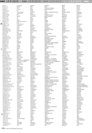 Gerer(v.) to manage gestionar verwalten gestire Beheren
Geste(n.m.) gesture gesto Geste gesto Gebaar
Gout(n.m.) taste gusto Geschmack,Neigung gusto Smaak
Gouter(v.) to taste gustar probieren,kosten gustare Proeven
Grand(e)(adi.) big grande graB grande Groot
Grandir(v.) to grow bigger aumentar wachsen,groB/groBerwerden diventaregrande Opgroeien
Graphie(n.l.) written lorm gralia Gralie gralia Schrijfwijze
Gratuit(e)(adj.) Iree gratuito(a) kostenlos,umsonst gratuito(a) Gratis
Grille(e)(adj.) toasted a la plancha gegrillt,gebraten grigliato(a) Geroosterd
Grippe(n.l.) 'Ilu gripe Grippe inlluenza Griep
Gros(se)(adj.) big grande dick grosso(a) Dik
Groupe(n.m.) group grupo Gruppe gruppo Groep
Guichet(n.m.) ticketofficewindow cajero Schalter sportello Loket
Guide(n.m.) guide guia Fuhrer guida Gids
H Habiller(5')(v.) to get dressed vestirse anziehen(sich) vestirsi Zichkleden
Habitant(n.m.) inhabitant habitante Einwohner abitante Inwoner
Habiter(v.) to live habitar wohnen abitare Wonen
Habitude(n.f.) habit costumbre Gewohnheit abitudine Gewoonte
Habituel(le)(adj.) usual habitual gewohnlich,ublich abituale Gebruikelijk
Handicape(e)(adj.) handicapped minusvalido(a) behindert handicappato(a) Gehandicapt
Haut(e)(adj.) high alto(a) hoch alto(a) Haag
Heure(n.f.) hour,time hora Uhrzei!,Stunde ora Uur
Hier(adv.) yesterday ayer gestern ieri Gisteren
Hierarchie(n.l.) hierarchy jerarquia Hierarchie,Rangordnung gerarchia Hi'rarchie
Hierarchique(adj.) hierarchical jerarquico(a) hierarchisch gerarchico(a) Hi'rarchisch
Historique(n.m.) history historico Werdegang,Ablaul storico Historisch
Homme(n.m.) man hombre Mann,Mensch uomo Man
Hopital(n.m.) hospital hospital Krankenhaus ospedale Ziekenhuis
Horaire(n.m.) timetable horario Stundenplan,Fahrplan,Zeitplan orario Dienstregeling
Horloge(n.l.) clock reloj (Wand-,Turm-)Uhr orologio Klok
Hors(prep.) outside luera auBer luori Buiten
Hotesse(n.f.) hostess azalata Gastgeberin,Hostess hostess Hostess
Hygiene(n.l.) hygiene higiene Hygiene igiene Hygi'ne
I lci (adv.) here aqui hier qui Hier
Idee(n.l.) idea idea Idee idea Idee
Identilication(n.l.) identilication identilicacion Identilizierung identilicazione Identilicatie
Identite(n.l.) identity identidad Identitat identita Identiteit
Ignorance(n.l.) ignorance ignorancia Unkenntnis,Unwissenheit ignoranza Onwetendheid
IIlimite(e)(adj.) unlimited ilimitado(a) unbegrenzt illimitato(a) Onbeperkt
Immeuble(n.m.) block01Ilats inmueble Gebaude immobile Pand
Immobilier(ere)(adj.) property inmobiliario(a) Immobilien-,GrundstOcks- immobiliare Woning-
Implantation(n.l.) introduction,establishment implantacion Niederlassung,Ansiedlung insediamento Vestiging
Implanter(v.) to setup,to establish implantar ansiedeln,(5') :sichniederlassen aprire Vestigen
Important(e)(adj.) important importante wichtig, bedeutend importante Belangrijk
Import-export(n.m.) import-export importacion-exportacion Import-Export import-export In- en uitvoer
Imprimante(n.l.) printer impresora Drucker stampante Printer
Imprime(n.m.) printedlorm impreso drucksache stampa Drukwerk
Inacceptable(adj.) unacceptable inaceptable unannehmbar inaccettabile Onaanvaardbaar
Inadmissible(adj.) inadmissible inadmisible unzulassig inammissibile Ontoelaatbaar
Incliner(5')(v.) to beinclined inclinarse verbeugen(sich) inclinarsi Onaannemelijk
Inclus(e)(adj.) enclosed incluido(a) einschlieBlich,inbegriffen incluso(a) Inbegrepen
Inconnu(e)(adj.) unknown desconocido(a) unbekannt sconosciuto(a) Onbekend
Indetermine(e)(adj.) indeterminate indeterminado(a) unbestimmt indeterminato(a) Onbepaald
Indicateur(n.m.) indicator,signpost indicador Anzeiger indicatore Gids(boekje),aanwijzer
Indication(n.l.) indication indicacion Angabe,Anzeichen,Hinweis indicazione Aanwijzing
Indifferent(e)(adj.) indifferent indilerente gleichgultig indifferente Onverschillig
Indiquer(v.) to indicate indicar anzeigen,angeben,hinweisen indicare Aanwijzen
Individuel(le)(adj.) individual individual individuell,personlich,einzeln individuale Individueel
Industrie(n.l.) industry industria Industrie,Gewerbe industria Industrie
Inlerieur(e)(adj.!n.m.!l.) lower inlerior untere(r,-5);Untergebener inleriore LagerlOnderdaan
Inlirmier(ere)(n.m/l.) nurse enlermero(a) Krankenschwester inlermiere(a) VerplegerNerpleegster
Inlormaticien(ne)(n.m.!I.) dataprocessor inlormatico(a) Inlormatiker/-in inlormatico(a) Inlormaticus/lnlormatica
Ingenieur(n.m.) engineer ingeniero Ingenieur ingegnere Ingenieur
Insatislaction(n.l.) dissatislaction insatislaccion Unzulriedenheit insoddislazione Ontevredenheid
Installation(n.f.) installation instalacion Installation,Anlage installazione Installatie
Instant(n.m.) moment instante Augenblick istante Ogenblik
Institut(n.m.) institute instituto Institut,Anstalt istituto Instituut
Instruction(n.l.) instruction instruccion Anweisung istruzione Opdracht
Interdit(e)(adj.) lorbidden prohibido(a) verboten proibito(a) Verboden
Interesser(v.) to interest interesar interessieren interessare Interesseren
Interet(n.m.) interest interes Interesse,Zins,Zinsen interesse Belang,intrest
International(e)(adj.) international internacional international internazionale Internationaal
Interroger(v.) to interrogate interrogar belragen interrogare Verhoren
Intervalle(n.m.) interval intervalo Zwischenzeit intervallo Tussenpoos
Intervention(n.l.) intervention intervencion Eingriff intervento Tussenkomst
Interview(n.l.) interview entrevista Interview intervista Interview
Intonation(n.I.) intonation entonacion Intonation,Ton,Betonung intonazione Intonatie
Introduction(n.l.) introduction introduceion EinfUhrung introduzione Inleiding
Inutile(adj.) useless inutiI unnutz inutile Nutteloos
Invite(e)(n.m.!I.) guest invitado(a) Gast,Eingeladene/-r invitato(a) Gast
Inviter(v.) to invite invitar einladen invitare Uitnodigen
Itineraire(n.m.) itinerary itinerario Weg,Reiseroute itinerario Route
J Jardin(n.m.) garden jardin Garten giardino Tuin
Jeune(adj.) young joven jung giovane Jong
Joli(e)(adj.) pretty bello(a) hubsch carino(a) Mooi
Jouer(lascene)(v.) to act (onstage) actuar spielen(dieSzene) recitare Toneelspelen
Jouet(n.m.) toy juguete Spielzeug gioco (Stuk)speelgoed
Jour(n.m.) day dia Tag giorno Dag
Journal(n.m.) newspaper peri6dico Zeitung;Tagebuch giornale Krant
Journalisme(n.m.) journalism periodismo Journalismus giornalismo Journalistiek
Journee(n.l.) day jamada Tag giornata Dag
178 .cent soixante-dix-huit
 