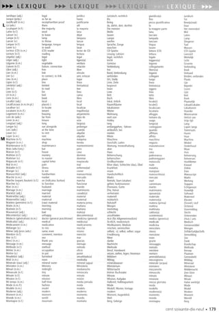 Juridique(adj.) legal juridico Juristisch,rechtlich giuridico(a) Juridisch
Jusque(prep.) asfar as hasta Bis fino Tot
Justificatif(n.m.) receipt/writtenproof justificante Beleg pezzagiustificativa Bewijs(stuk)
L La(adv.) there alii da,dahin,dort, dorthin la Daar
Laplupart(n.l.) the majority la mayoria Diemeisten la maggiorparte Hetmerendeel
Laine(n.l.) wool lana Wolle lana Wol
Laisser(v.) to leave dejar lassen lasciare Laten
Lampe(n.l.) lamp lampara Lampe lampada Lamp
Lancer(v.) to throw lanzar werten lanciare Slingeren
Langue(n.l.) language,tongue lengua Sprache;Zunge lingua Taal
Laver(v.) to wash lavar waschen lavare Wassen
Lecteur(CD)(n.m.) (CD)reader lectorde CD CD-Spieler lettore (CD) (CD-)speler
Lecture(n.f.) reading lectura Lesung;Lekture lettura Leesstof
Legal(e)(adj.) legal legal legal,rechtlich legale Wettelijk
Leger(adj.) light ligero(a) leicht leggero(a) Licht
Legume(n.m.) vegetable verdura Gemuse legume Groente
Liaison(n.l.) liaison,coonection relacion Verbindung collegamento Verbinding
Libre(adj.) free libre frei libero(a) Boek
Lien(n.m.) link vinculo Band,Verbindung legame Verband
Lier(v.) to connect.to link unir,enlazar verbinden collegare Binden,verbinden
Lieu(n.m.) place lugar Ort,Stelle luogo Plaats
Ligne(n.f.) line linea Linie,Zeile linea Lijn
Limite(e)(adj.) limited limitado(a) begrenzt limitato(a) Beperkt
Lire(v.) to read leer lesen eggere Lezen
Liste(n.l.) list lista Liste lista Lijst
Lit (n.m.) bed cama Bett letto Bed
Livre(n.m.) book libro Buch libro Boek
Local(e)(adj.) local local lokal,ortlich locale(i) Plaatselijk
Local/Locaux(n.m.!m.pl.) place(s) local Raum/Raume 10cale(1) Lokaal/Lokalen
Localiser(v.) to locate localizar lokalisieren localizzare Lokaliseren
Locataire(n.m.!1.) tenant inquilino(a) Mieter locatario Huurder
Logement(n.m.) housing alojamiento Wohnung alloggio Woonruimte
Loinde (adv.) farfrom lejosde weit van lontanoda Ver(re)van
Loisir(n.m.) leisure ocio Hobby svago Vrijetijd
Long(ue)(adj.) long largo(a) lang lungo(a) Lang
Longer(v.) run alongside prolongar entlanggehen,-fahren costeggiare Lopenlangs
Lors(adv.) at the time cuando anlasslich,bei quando Toenmaals
Lauer(v.) to rent alquilar mieten affittare Huren
Loyer(n.m.) rent alquiler Miete affitto Huur
M Machine(n.l.) machine maquina Maschine macchina Machine
Magasin(n.m.) shop tienda Geschaft,Laden negozio Winkel
Maintenance(n.l.) maintenance mantenimiento Wartung,Instandhaltung manutenzione Onderhoud
Mais(adv.!conj.) but pero aber ma Maar
Maison(n.l.) house casa Haus casa Huis
Maitrise(n.l.) mastery dominio Beherrschung padronanza Beheersing
Maitriser(v.) to master dominar beherrschen padroneggiare Beheersen
Majuscule(n.1.) capital letter mayuscula GroBbuchstabe maiuscola Hoofdletter
Mal (n.m.) pain mal Bose(das),Schlechte(das),Obel male Kwaad
Maladie(n.l.) illness enfermedad Krankheit malattia Ziekte
Manger(v.) to eat comer essen mangiare Eten
Manuscrit(e)(adj.) handwritten manuscrito(a) Handschriftlich manoscritto(a) Manuscript
Marche(n.m.) market mercado Markt mercato Markt
Marche(voyant,bouton)(n.f.) on (indicator,button) marcha Betrieb,Start-(shalter) start Werking
Marcher(v.) to function funcionar gehen;funktionieren camminare Stappen
Mari (n.m.) husband marido Ehemann,Gatte marito Echtgenoot
Mariage(n.m.) marriage matrimonio Ehe,Heirat matrimonio Huwelijk
Marie(e)(adj.) married casado(a) verheiratet sposato(a) Gehuwd
Materiel(le)(adj.) material material materiell materiale Materieel
Maternel(le)(adj.) maternal maternal mutterlich materno(a) Kleuter-
Matiere(premiere)(n.f.) (raw) material materiaprima Rohstoff materia(prima) (Grond-)stof
Matin (n.m.) morning manana Morgen mattina Ochtend
Matinee(n.l.) morning manana Vormittag mattinata Voormiddag
Mauvais(e)(adj.) bad malo(a) schlecht cattivo(a) Slecht
Mecontent(e)(adj.) unhappy descontento(a) unzufrieden scontento(a) Ontevreden
Medecin(generaliste)(n.m.) doctor(generalpractitioner) medicina(general) Arzt (fUrAllgemeinmedizin) medico(generico) (Huis-)arts
Medical(e)(adj.) medical medico(a) Arztlich,medizinisch medicale Medisch
Medicament(n.m.) medication medicamento Medikament.Medizin medicina Geneesmiddel
Melanger(v.) to mix mezclar mischen,vermischen mescolare Mengen
Meme(adj.!pron.!adv.) same,even mismo selbe(r,-5);selbst,seiber;sogar stesso Zelfde/Gelijke/Zelfs
Mention(n.f.) comment.mention mencion Erwahnung menzione Vermelding
Mer (n.l.) sea mar Meer mare Zee
Merci(n.m.) thank you gracias danke grazie Dank
Message(n.m.) message mensaje Nachricht messaggio Boodschap
Methode(n.l.) method metodo Methode metoda Methode
Metier(n.m.) occupation oficio Beru!.Handwerk mestiere Beroep
Mettre(v.) to put poner setzen,stellen,legen;hineintun mettere Plaatsen
Meuble(e)(adj.) furnished amueblado(a) Mobliert ammobiliato(a) Gemeubeld
Midi (n.m.) noon mediodia Mittag mezzogiorno Middag
Minerale(eau)(adj.) mineralwater mineral(agua) mineralwasser minerale(acqua) Mineraal
Ministere(n.m.) Ministry Ministerio Ministerium ministero Ministerie
Minuit (n.m.) rnidnight medianoche Mitternacht mezzanotte Middernacht
Minuscule(n.l.) tiny minuscula kleinerBuchstabe minuscola Zeerklein
Minute(n.l.) minute minuto Minute minuto Minuut
Mission(n.f.) mission mision Mission,Aufgabe missione Missie
Mi-temps(n.m.) half-time mediajornada Halbzeit;Halbtagsarbeit mezzagiornata Halvewerktijd
Mode(n.m.!f.) fashion moda Mode moda Mode
Modele(n.m.) model modelo Modell,Muster,Vorlage modello Model
Moderne(adj.) modern moderno modern moderno(a) Modern
Moment(n.m.) moment momenta Moment.Augenblick momento Moment
Monde(n.m.) world mundo Welt mondo Wereld
Montagne(n.l.) mountain montana Berg,Gebirge montagna Berg
centsoixante-dix-neuf. 179
 