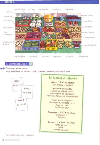 UNITE6
un chou-Ileur un chou une tom ate
de I'ail
une salade
un oignon
une carotte
une
aubergine
une pomme
de terre
une courgette un piment
4.COMMUNIQUEZII
un abricot
un radis un poivron du raisin
.-Composez votre menu.
Vous etes dans un bistrot*. Void la carte. Jouez la situation a trois.
une banane
une cerise
une Iraise
une poire
une orange
une pomme
une Iramboise
te Bistrot du Marehe
Menu 13 € au choix
(une entree + un plat)
Assiette de crudites
Sa/ode de chevre chaud
6 escargots de Bourgogne
Sa/ode de tomates Q/0 mozzarella
Pou/et sauce basquaise
Steak grille, haricots verts
Pizza du chef
Poisson du jour
Fromages : 2.50 € au choix
Camembert
Chevre
Desserts: 4. 20 € au choix
Tarte du jour
Sorbet
Creme caramel
* Un bistrot est un cafe-restaurant.
78 .soixante-dix-huit
Role 1
Le serveu
Role 2
Le client
Role 3
La cliente
 