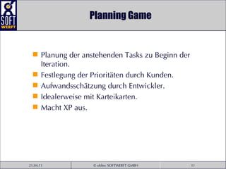 Planning Game Planung der anstehenden Tasks zu Beginn der Iteration. Festlegung der Prioritäten durch Kunden. Aufwandsschätzung durch Entwickler. Idealerweise mit Karteikarten. Macht XP aus. 